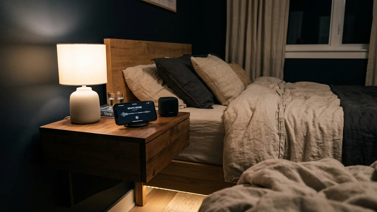 Modern bedroom nightstand setup with smartphone streaming white noise sound for restorative nighttime sleep