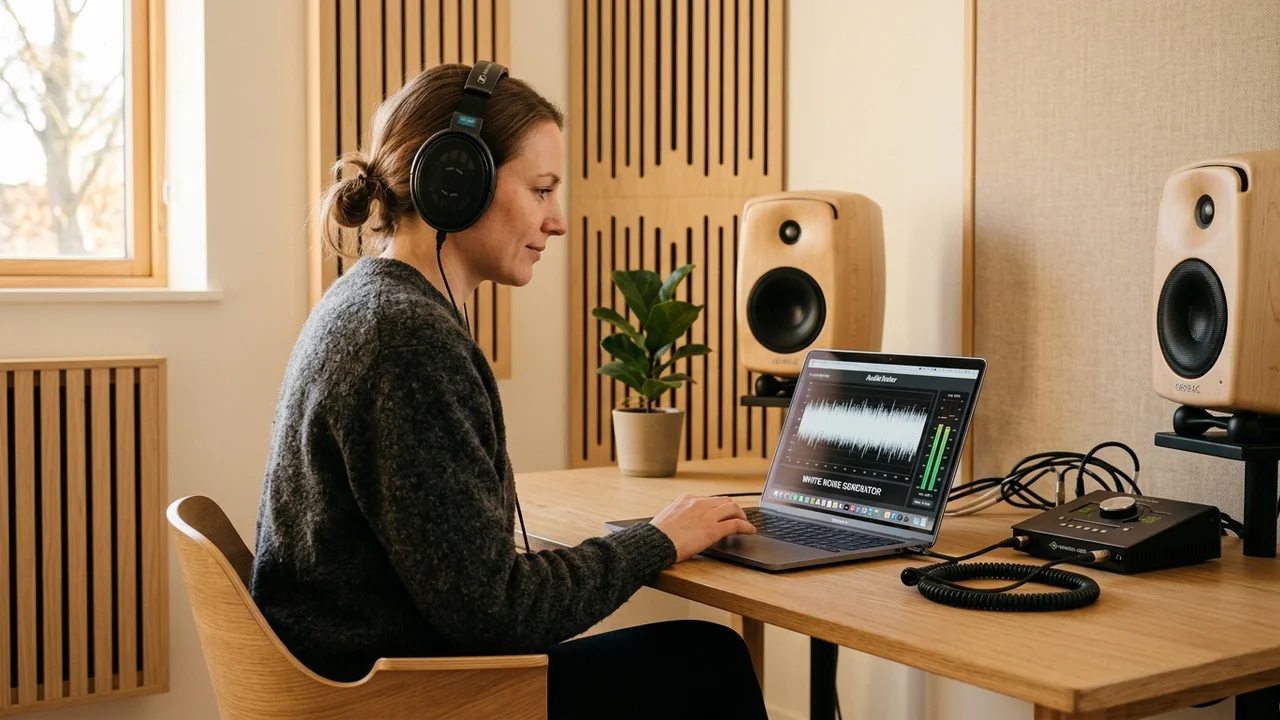 Professional workstation setup with studio headphones streaming pure white noise for focused concentration