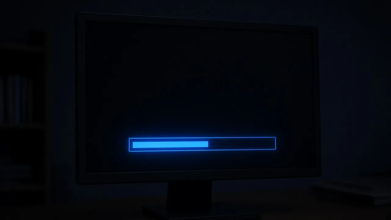 Photograph of a black monitor in a dark room showing a glowing blue loading bar near the bottom, nostalgic boot atmosphere