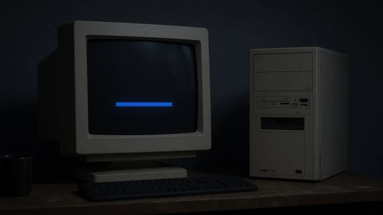 Retro desk photograph, CRT and tower, screen black except for a blue startup bar
