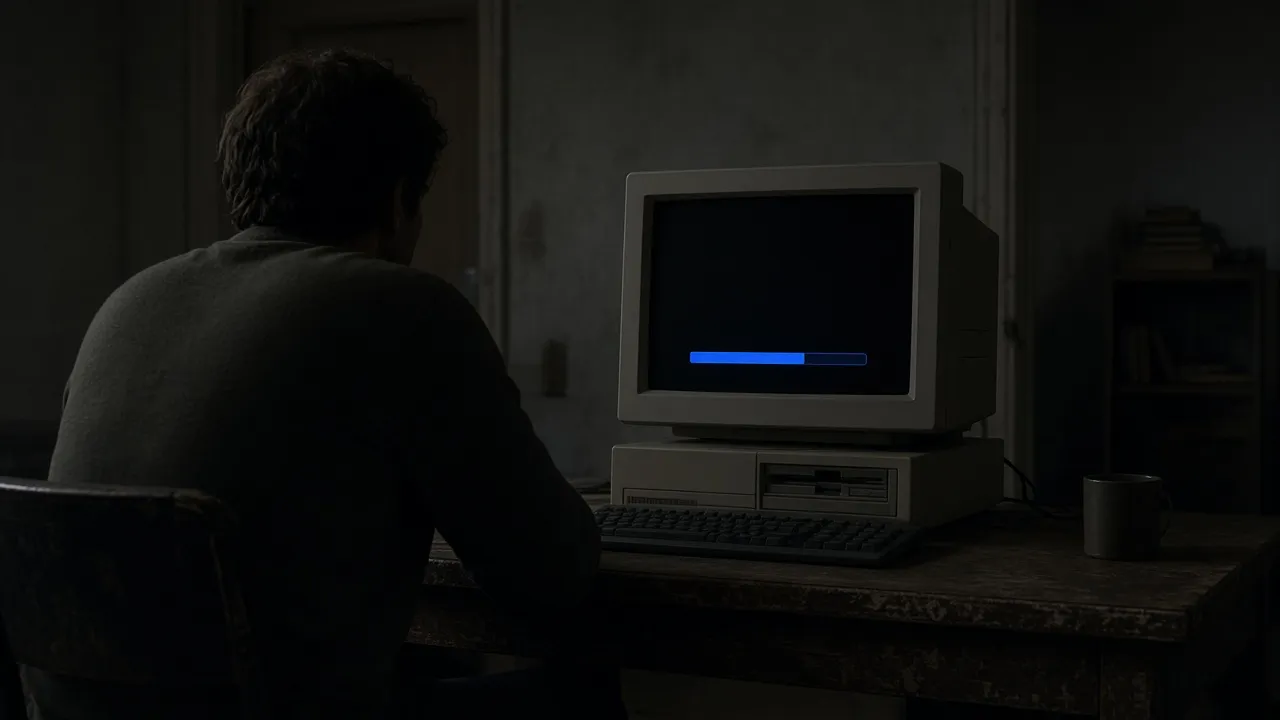 Photograph of someone waiting in front of an old PC whose screen is a black boot screen with a blue bar
