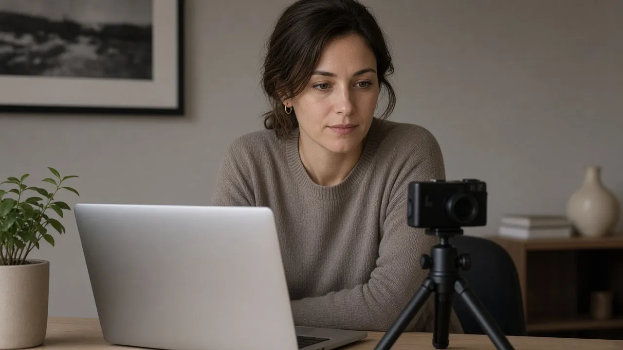 Daylight home-office photograph of a face softly lit by a large bright laptop screen used as a flat key light, camera on a small tripod