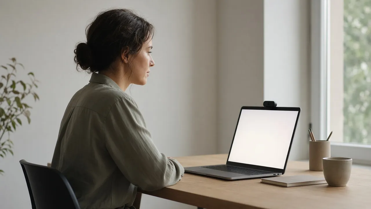 Side-view photograph of a laptop screen raised to eye level about an arm's length from a seated person, webcam centered above the display