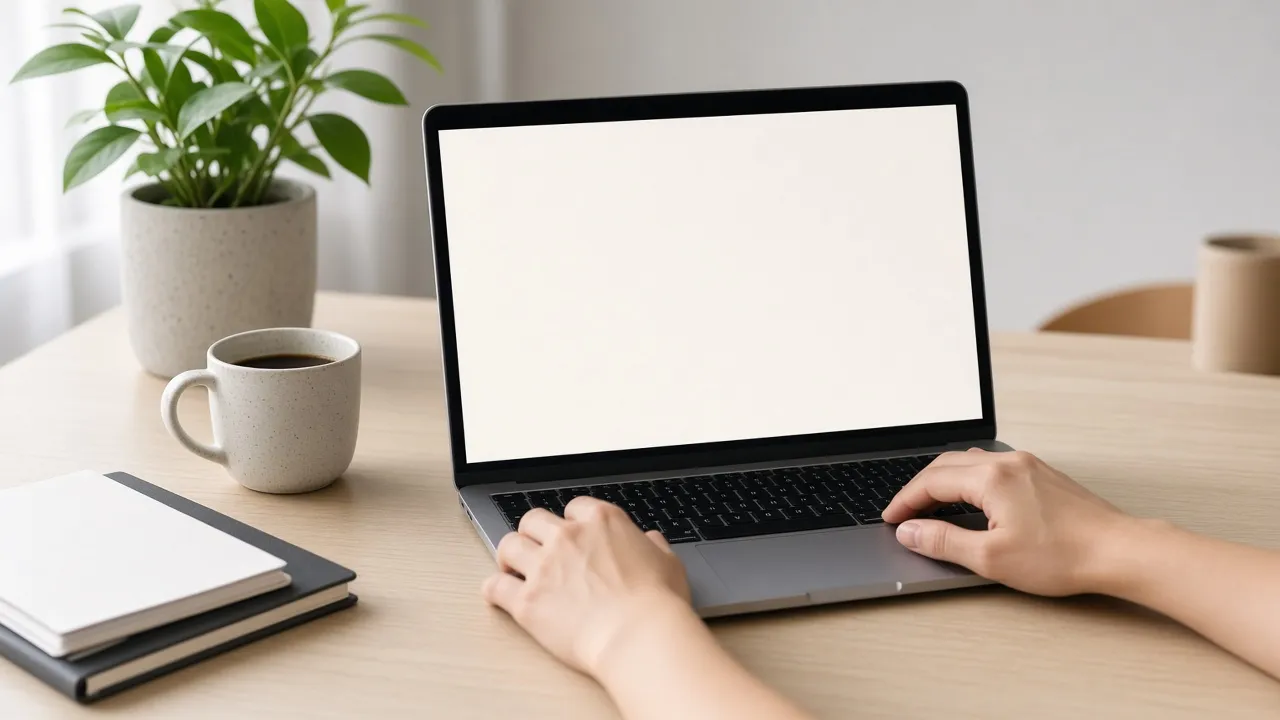 Desk photograph of hands adjusting a laptop whose screen is a clean warm-white light panel before a video call